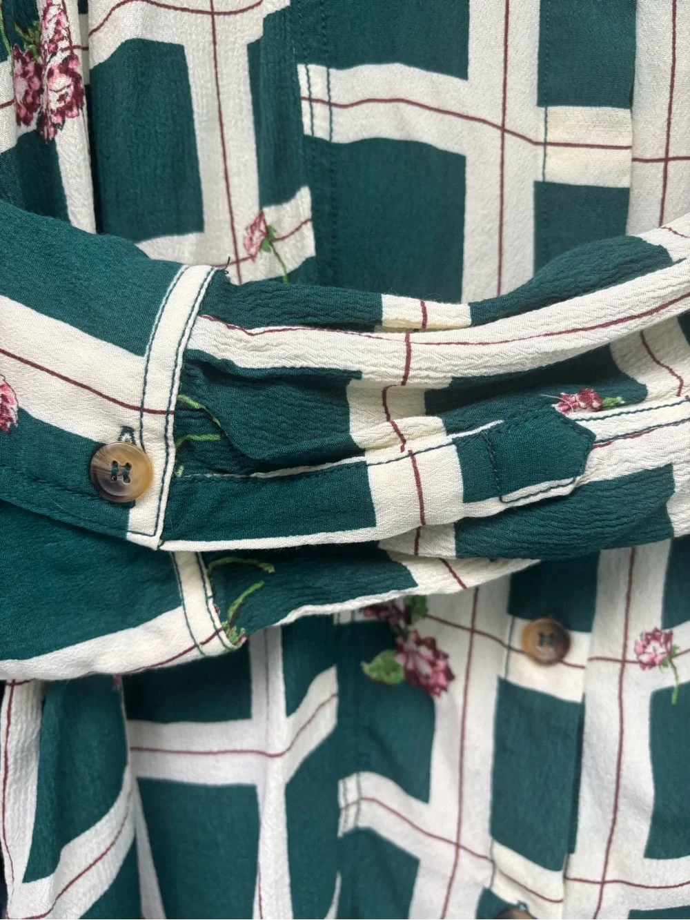 Free People Teal and Cream Floral Grid Shirt
